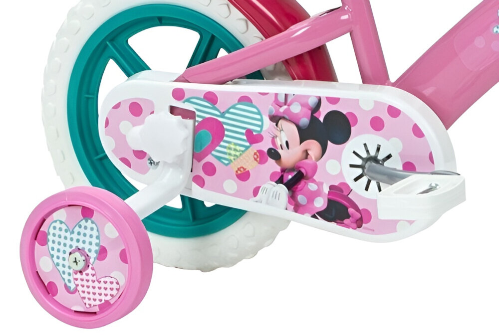 Rower dziecięcy HUFFY Disney Minnie 12 cali dla dziewczynki Różowy zbliżenie na kółka boczne i osłonę łańcucha zdjęcie na białym tle boczne kółka asekurują dziecko w początkowej fazie nauki boczne kółka można łatwo usunąć osłona łańcucha kolorowa grafika z wizerunkiem myszki Minnie zabezpiecza łańcuch przed brudem
