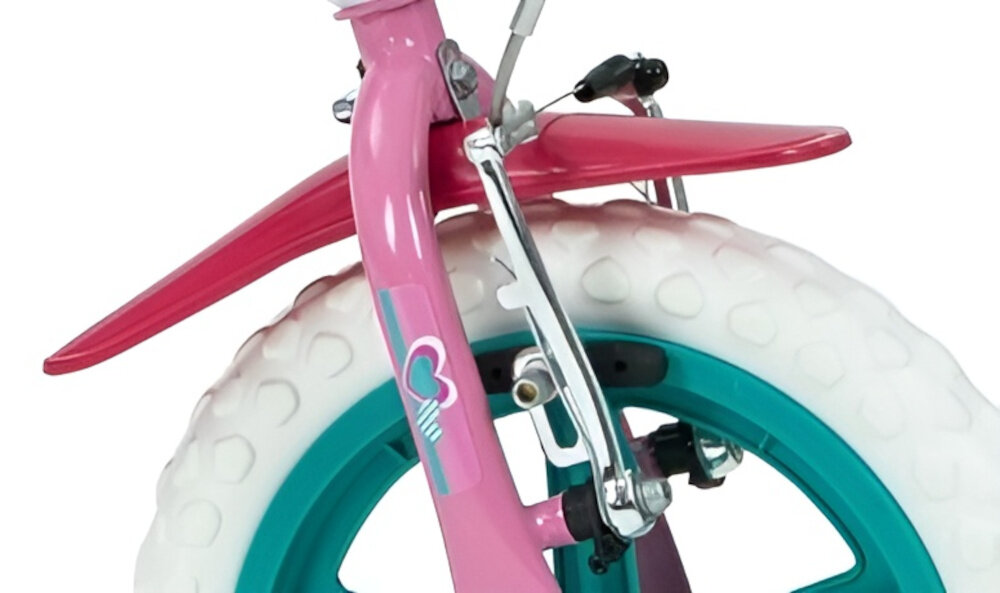Rower dziecięcy HUFFY Disney Minnie 12 cali dla dziewczynki Różowy zbliżenie na przedni hamulec zdjęcie na białym tle podstawa bezpieczeństwa hamulec hamulec V-Brake typu Caliper lekki duża siła hamowania