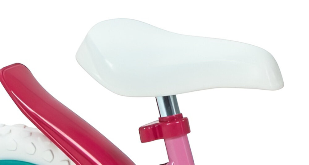 Rower dziecięcy HUFFY Disney Minnie 12 cali dla dziewczynki Różowy zbliżenie na siodełko i bidon zdjęcie na białym tle bezpieczna i satysfakcjonująca aktywność wygodne siodełko pełen komfort podczas długiej jazdy bezpiecznie komfortowo