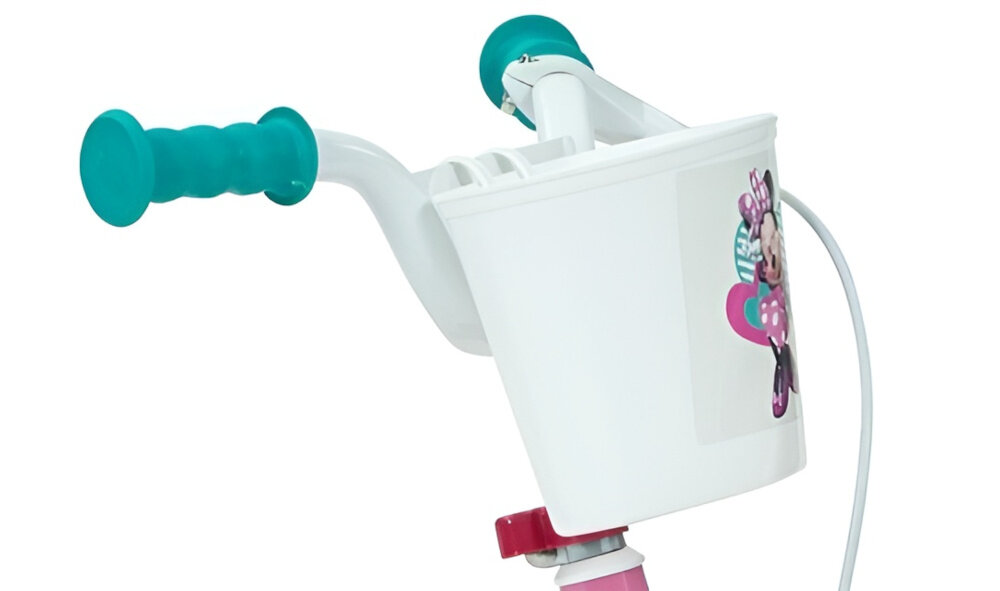 Rower dziecięcy HUFFY Disney Minnie 12 cali dla dziewczynki Różowy zbliżenie na kierownicę zdjęcie na białym tle brak uczucia dyskomfortu odpowiednia pozycja ciała uchwyty z antypoślizgowego materiału koszyk na drobiazgi