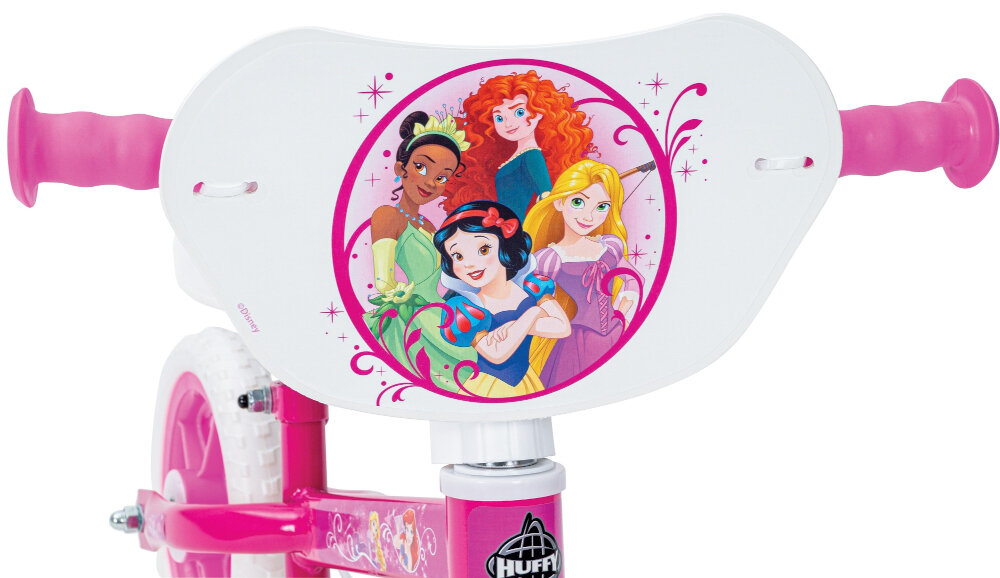 Rowerek biegowy HUFFY Disney Princess 27931W Różowy kierownica regulowana standardowe uchwyty antyposlizgowy material zabezpiecza rece przed zeslizgnieciem się na boki kolorowa plakietka ksiezniczki z filmow Disneya