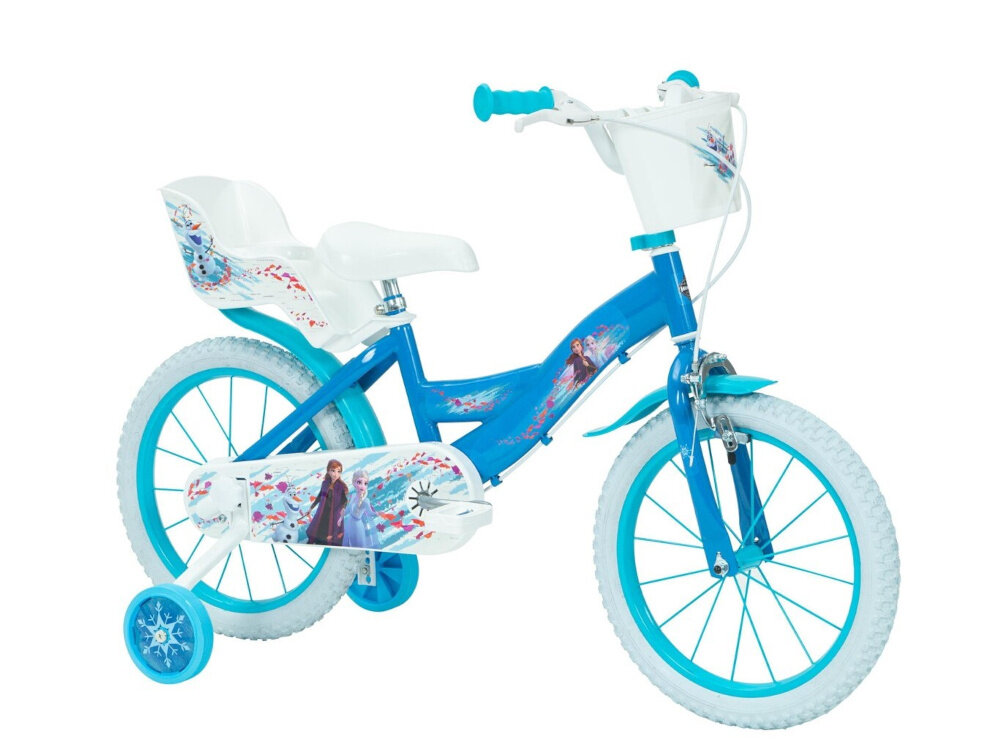 Rower dziecięcy HUFFY Disney Kraina Lodu 14 cali dla dziewczynki Niebieski rower na białym tle widoczny od przodu pod skosem dla dzieci w wieku od 4 do 6 lat trwałość wytrzymałość mocna konstrukcja księżniczki Anna i Elsa z bajki Kraina Lodu