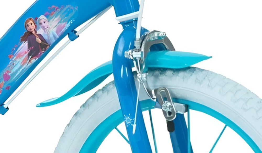 Rower dziecięcy HUFFY Disney Kraina Lodu 14 cali dla dziewczynki Niebieski zbliżenie na przedni hamulec zdjęcie na białym tle podstawa bezpieczeństwa hamulce hamulce V-Brake typu Caliper lekkie duża siła hamowania hamulce z przodu i z tyłu podwójny pakiet bezpieczeństwa skuteczne hamowanie
