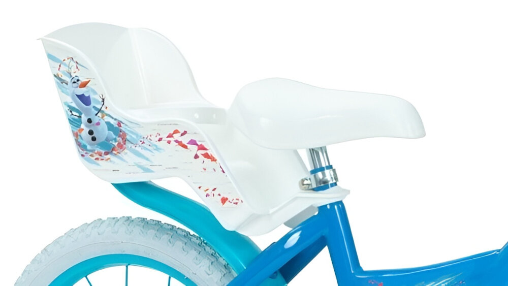Rower dziecięcy HUFFY Disney Kraina Lodu 14 cali dla dziewczynki Niebieski zbliżenie na siodełko i bidon zdjęcie na białym tle bezpieczna i satysfakcjonująca aktywność wygodne siodełko pełen komfort podczas długiej jazdy krzesełko dla lalki bezpiecznie komfortowo