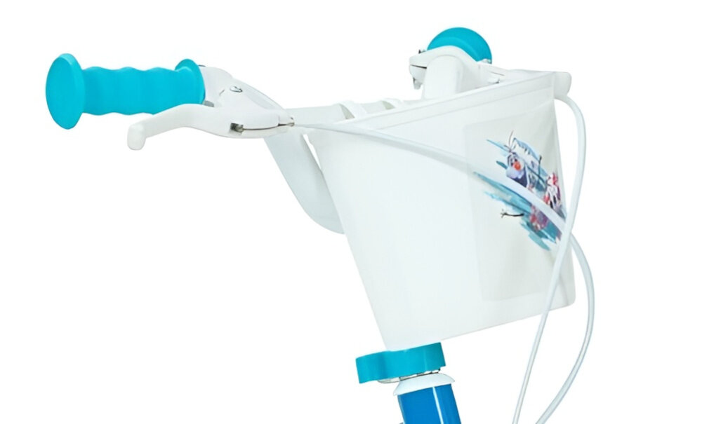 Rower dziecięcy HUFFY Disney Kraina Lodu 14 cali dla dziewczynki Niebieski zbliżenie na kierownicę zdjęcie na białym tle brak uczucia dyskomfortu odpowiednia pozycja ciała uchwyty z antypoślizgowego materiału koszyk na drobiazgi