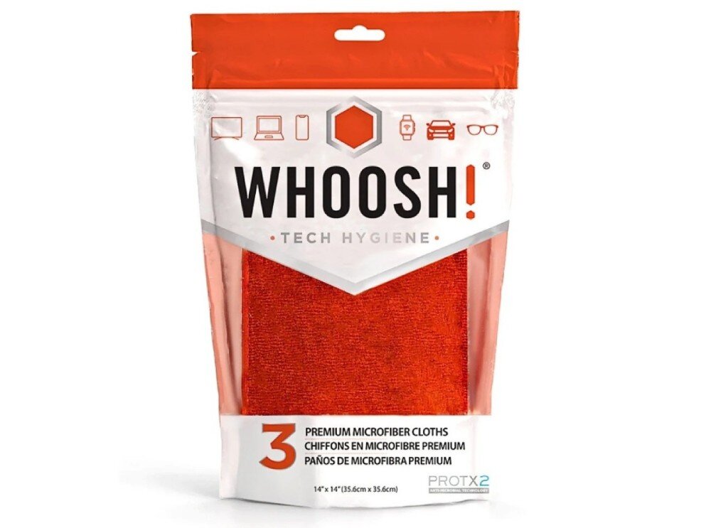 Opakowanie ściereczek czyszczących WHOOSH! Tech Hygiene z widocznym pomarańczowym materiałem. Na opakowaniu znajduje się tekst: \'3 PREMIUM MICROFIBER CLOTHS CHIFFONS EN MICROFIBRE PREMIUM PAÑOS DE MICROFIBRA PREMIUM\'.