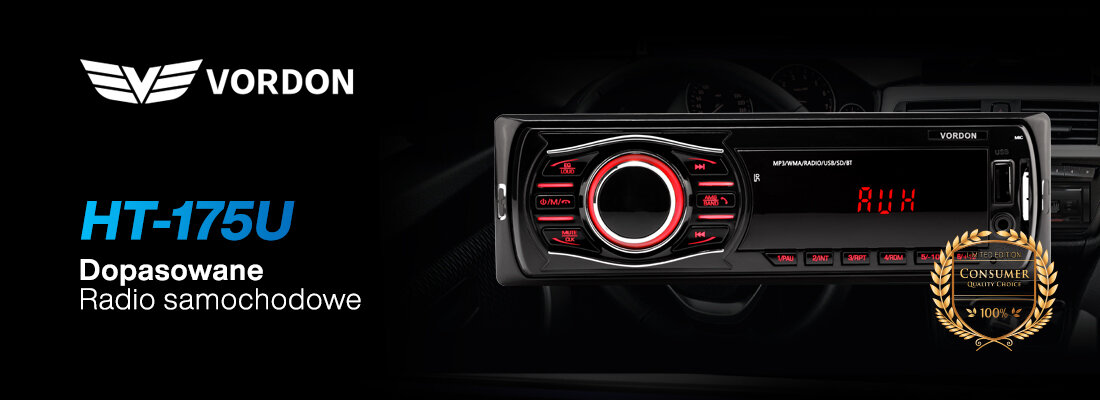 Radio samochodowe VORDON HT-175U London multimedia Bluetooth FM format 1-DIN, radio od frontu na czarnym tle