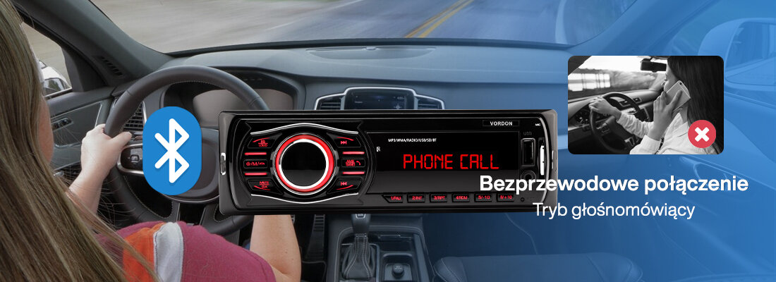 Radio samochodowe VORDON HT-175U London Bluetooth 5.0 A2DP handsfree, radio od frontu na tle wnętrza samochodu