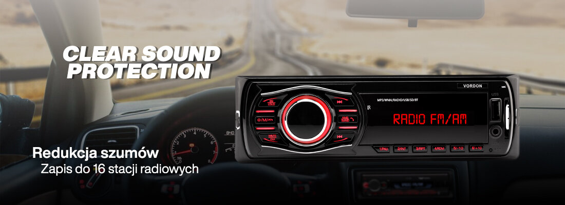 Radio samochodowe VORDON HT-175U London radio FM AM pamięć 16 stacji, radio od frontu na tle wnętrza samochodu