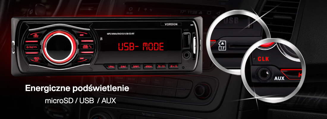 Radio samochodowe VORDON HT-175U London USB 2.0 microSD AUX sterowanie z kierownicy, radio od frontu na tle wnętrza samochodu