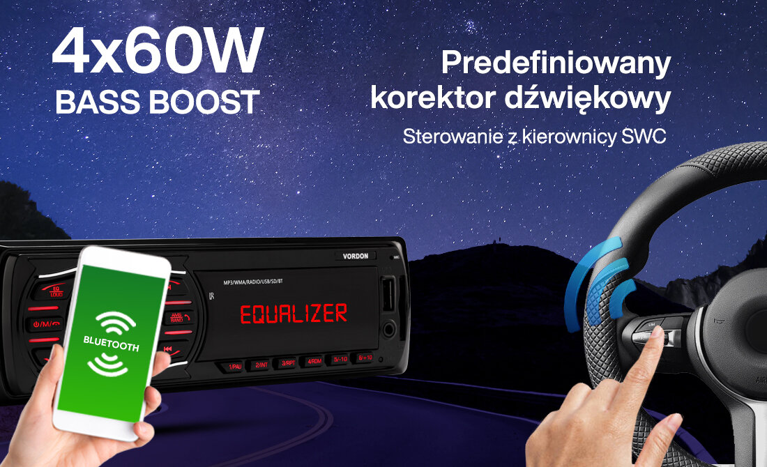 Radio samochodowe VORDON HT-175U London 4x60W Bass Boost kable ISO, radio po skosie na tle drogi nocą
