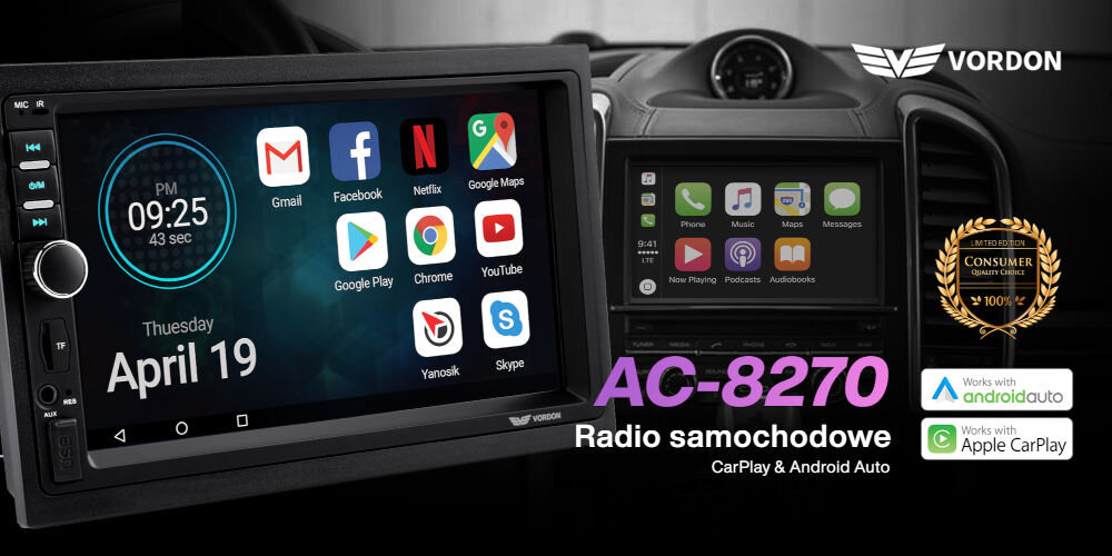 Radio samochodowe VORDON AC-8270 multimedialna stacja 2-DIN ekran dotykowy centrum rozrywki, radio zamontowane w samochodzie