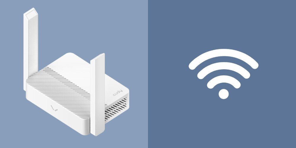 Router CUDY WR300 Białe urządzenie sieciowe z dwiema antenami na niebieskim tle, obok graficznej ikony sygnału Wi-Fi, prędkość, pasmo działania, technologia