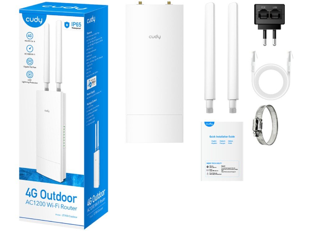 Router CUDY LT700 Outdoor Po lewej stronie opakowanie urządzenia. Po prawej stronie całość zestawu: urządzenie z dwiema antenami, kabel Ethernet, zasilacz PoE, opaska montażowa oraz instrukcja instalacji, zestaw, zawartość