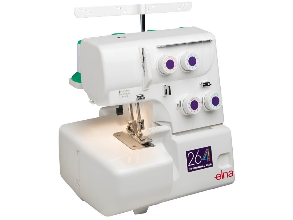 Maszyna do szycia ELNA 264D różnorodne materiały funkcja regulowanego transportu różnicowego regulowany docisk stopki dzianniny jedwab inne elastyczne tkaniny równomierny estetyczny ścieg płynna regulacja szerokości cięcia