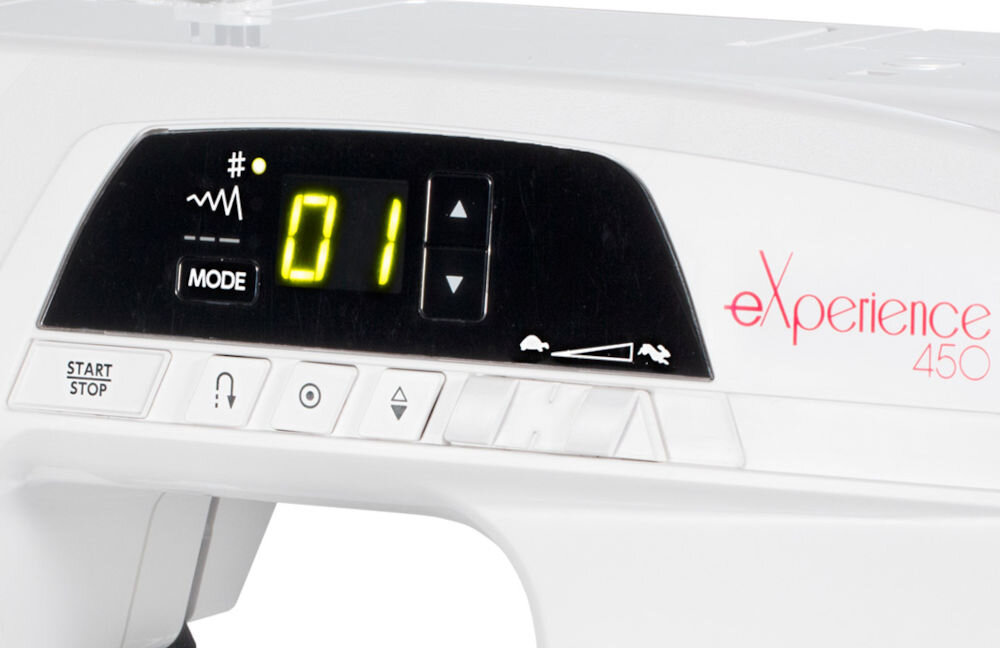 Maszyna do szycia ELNA 450 Experience funkcja szycia podwójną igłą przycisk start/stop automatyczne ryglowanie automatyczne pozycjonowanie igły suwak prędkości dostosowanie tempa szycia dla początkujących dla zaawansowanych krawców 