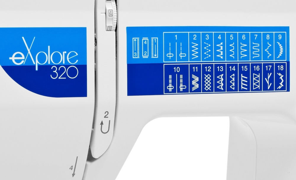 Maszyna do szycia ELNA 320 eXplore 19 różnych programów ściegowych ściegi użytkowe elastyczne dekoracyjne program do automatycznego obszywania dziurek możliwość regulacji szerokości do 5mm oraz długości do 4 mm precyzyjne dostosowanie pracy chwytacz rotacyjny komfort szycia 