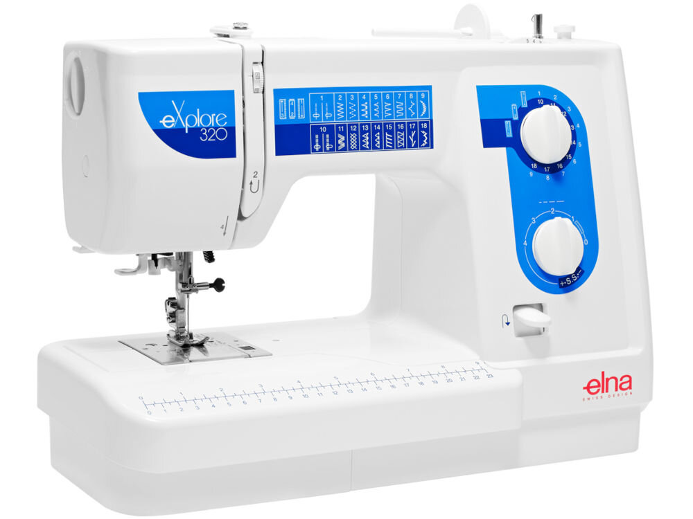 Maszyna do szycia ELNA 320 eXplore ergonomiczna konstrukcja solidna maszyna kompaktowa łatwe przechowywanie i transport sztywna walizka ochronna wolne ramię wygodne szycie na okrągło ułatwinie pracy nad odzieżą 