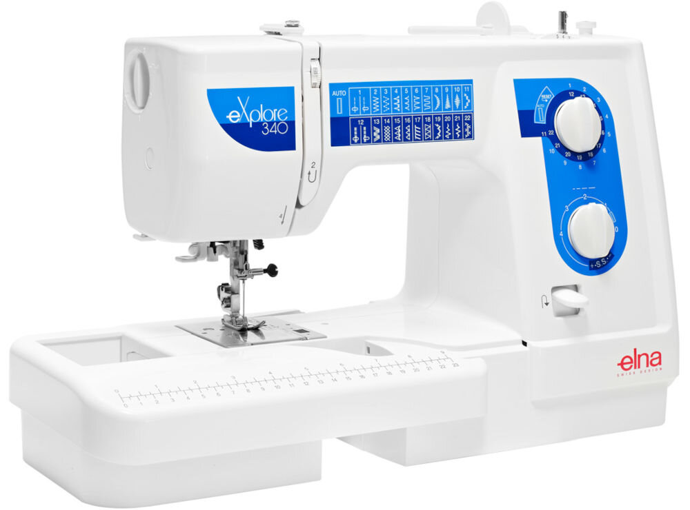 Maszyna do szycia ELNA 320 eXplore niezawodna maszyna przydatne akcesoria filcowa podkładka pod maszynę ochrona powierzchni przed zarysowaniami redukcja drgań podczas szycia pudełko 25 szpulek wygodne przechowywanie i organizacja nici 