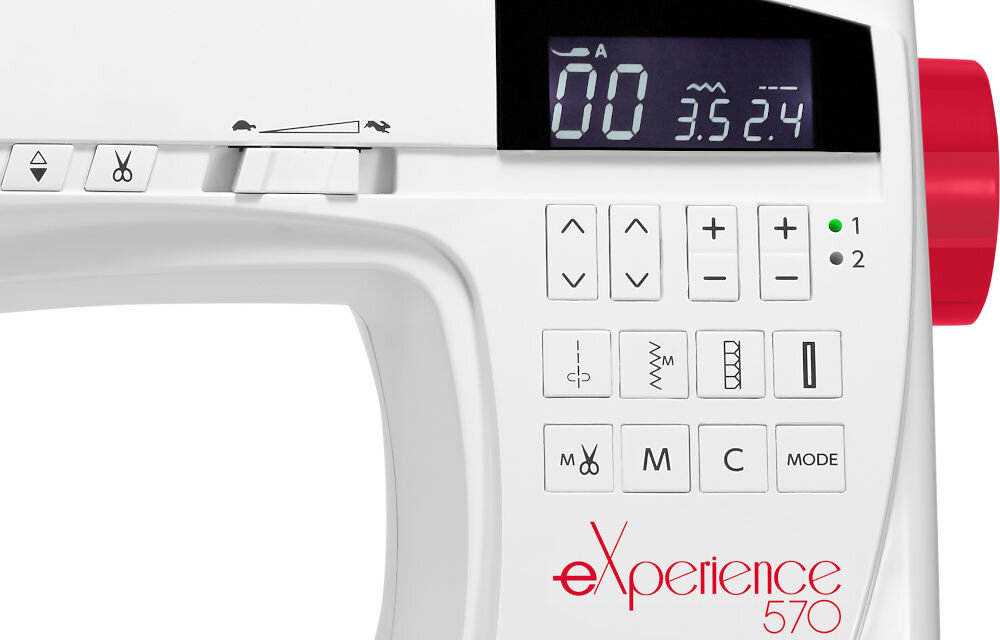 Maszyna do szycia ELNA 570 Experience łączenie ściegów kombinacji zapisywanie pamięć maszyny wybór regulacja sciegów ekran LCD numer ustwienia długości szerokości podpowiadanie stopki