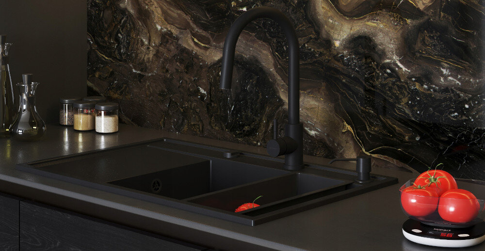 ZLEWOZMYWAK PYRAMIS CAMEA 1B1D R+ BATERIA + WKŁADKA OCIEKOWA + DOZOWNIK CZARNY 