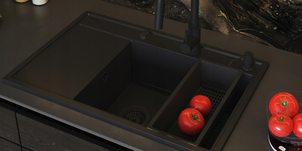 ZLEWOZMYWAK PYRAMIS CAMEA 1B1D R+ BATERIA + WKŁADKA OCIEKOWA + DOZOWNIK CZARNY pyragranit trwałość estetyka