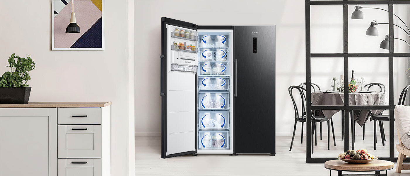 Powietrze rozprowadzane przez system All-Around Cooling przedstawione na grafice za pomocą strzałek Powietrze rozprowadzane przez system All-Around Cooling przedstawione na grafice za pomocą strzałek