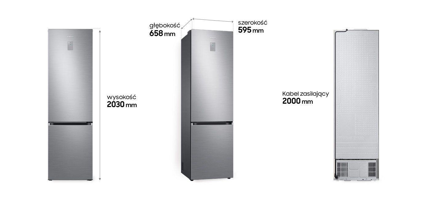 Obraz przedstawia lodówkę w kolorze szczotkowanej stali nierdzewnej z wymiarami: wysokość 2030 mm, głębokość 658 mm, szerokość 595 mm. Widoczny jest również kabel zasilający o długości 2000 mm.