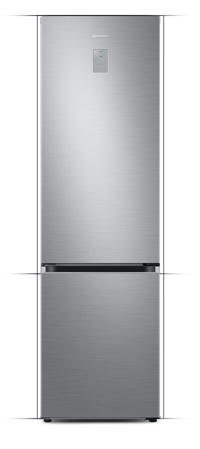 Lodówka w kolorze szczotkowanej stali nierdzewnej z wyświetlaczem na górnych drzwiach. Widoczne logo: SAMSUNG.