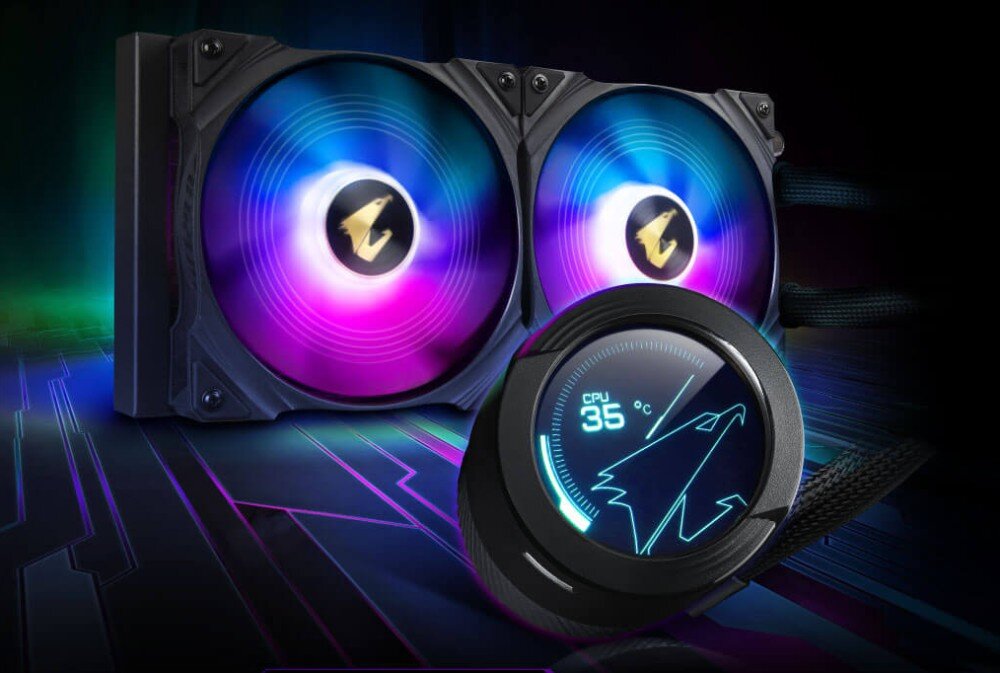 Komputer MAD DOG PBG AORUS301-A02DR32 R7-5800X3D 32GB RAM 1TB SSD GeForce RTX4070 chłodzenie wodne temepratura pompa wyświetlacz