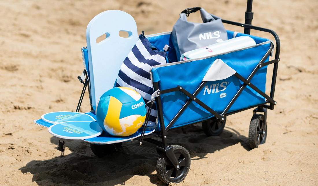 Wózek turystyczny NILS CAMP NC1606 Niebiesko-szary 100 kg pojemność komfortowy transport otwierana tylna klapa pakowanie szybki dostęp