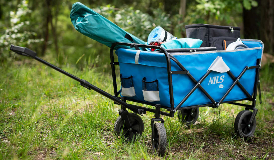 Wózek turystyczny NILS CAMP NC1606 Niebiesko-szary 100 kg Wytrzymała solidna konstrukcja stalowa rama wysoka jakość Maksymalne obciążenie gumowe koła średnica ciche przemieszczanie nawierzchnia