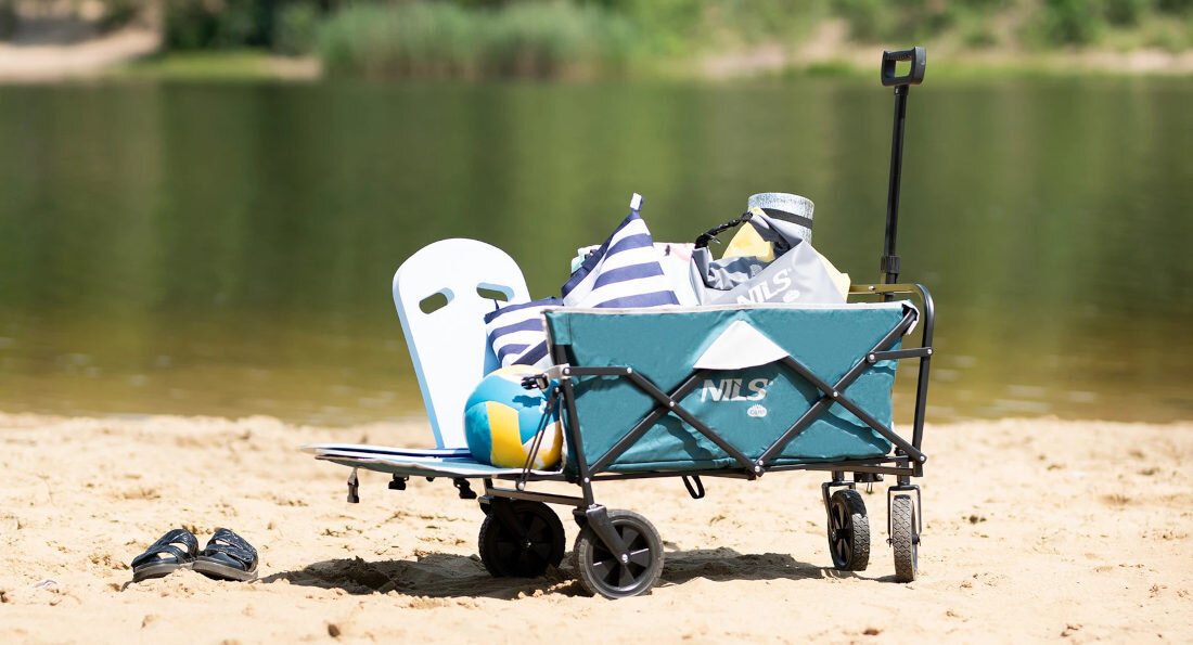 Wózek turystyczny NILS CAMP NC1606 Zielono-szary 100 kg pojemność komfortowy transport otwierana tylna klapa pakowanie szybki dostęp