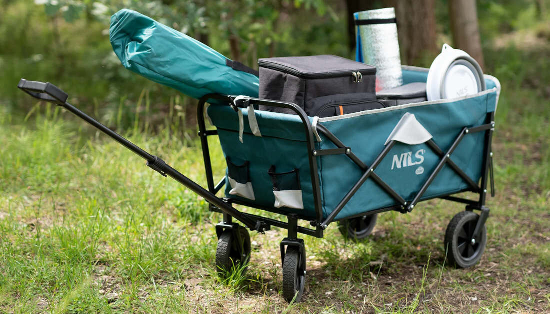 Wózek turystyczny NILS CAMP NC1606 Zielono-szary 100 kg Wytrzymała solidna konstrukcja stalowa rama wysoka jakość Maksymalne obciążenie gumowe koła średnica ciche przemieszczanie nawierzchnia