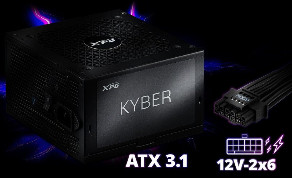 Zasilacz ADATA XPG Kyber Zasilacz z przodu i złącze 12V-2x6 widoczne po prawej stronie, na dole napisy 'ATX 3.1' i '12V-2x6' z ikonami, tło czarne z fioletowymi błyskami, standard ATX 3.1, złącze 12V-2x6