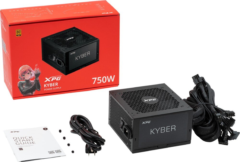 Zasilacz ADATA XPG Kyber Zestaw: zasilacz, przewody, kabel zasilający, śrubki, instrukcja i czerwone pudełko z grafiką i oznaczeniem mocy 750W, zestaw, zawartość