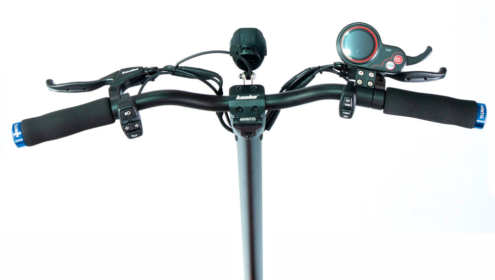Hulajnoga elektryczna KAABO Mantis 8 Plus Niebieski minimalistyczna kierownica maksymalna wysokosc 116 cm jazda w wyprostowanej pozycji ciala intuicyjny wyswietlacz LCD