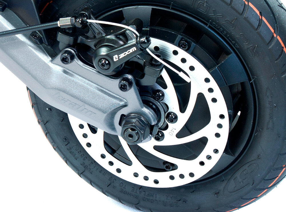 Hulajnoga elektryczna KAABO Mantis 10 Eco 800 Srebrny hamulce tarczowe duza sila hamowania system E-ABS zapobiega blokowaniu sie kol podczas hamowania bezpieczna jazda