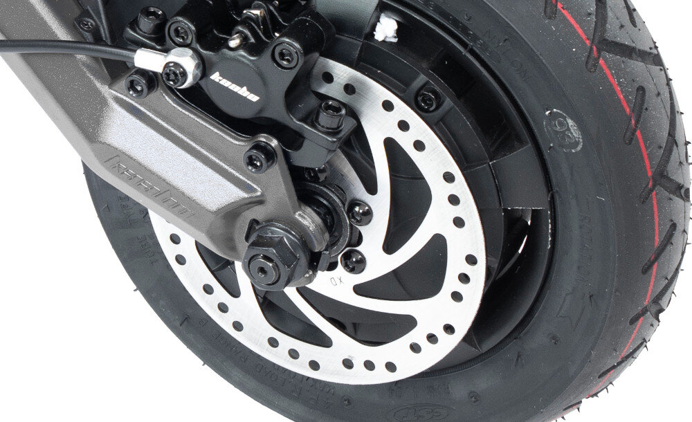 Hulajnoga elektryczna KAABO Mantis 10 Pro Srebrny hamulce z przodu i z tylu polhydrauliczne duza sila hamowania skuteczne zatrzymanie sie system E-ABS zapobiega blokowaniu sie kol podczas hamowania jazda w pelni bezpieczna swiatla pulsacyjne kierunkowskazy