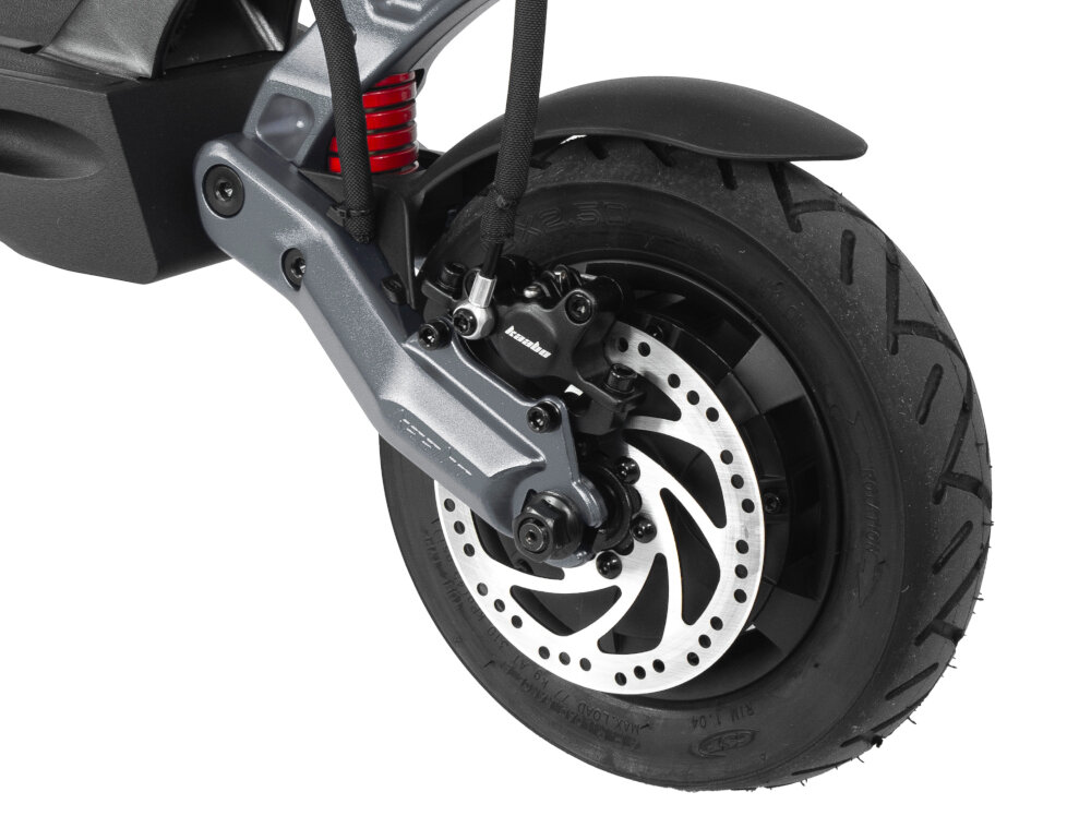 Hulajnoga elektryczna KAABO Mantis 10 Pro Srebrny kola 10-calowe pompowane opony odporne na przebicia doskonale tlumienie drgan i wstrzasow podwojna amortyzacja na wypady poza miasto