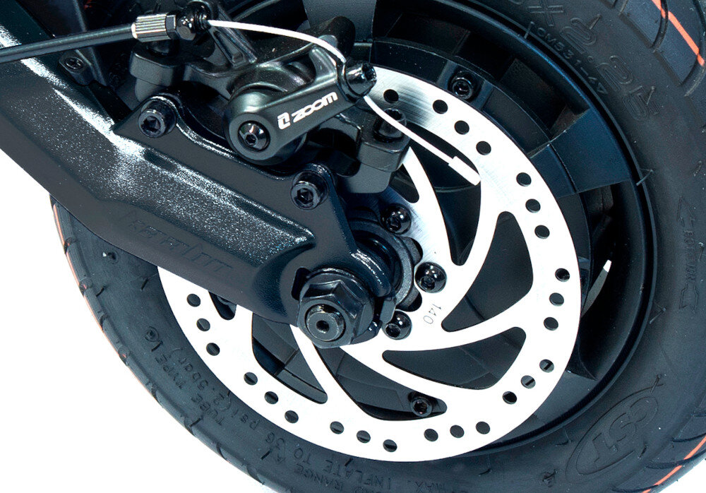 Hulajnoga elektryczna KAABO Mantis 10 Eco 800 Czarny hamulce tarczowe duza sila hamowania system E-ABS zapobiega blokowaniu sie kol podczas hamowania bezpieczna jazda