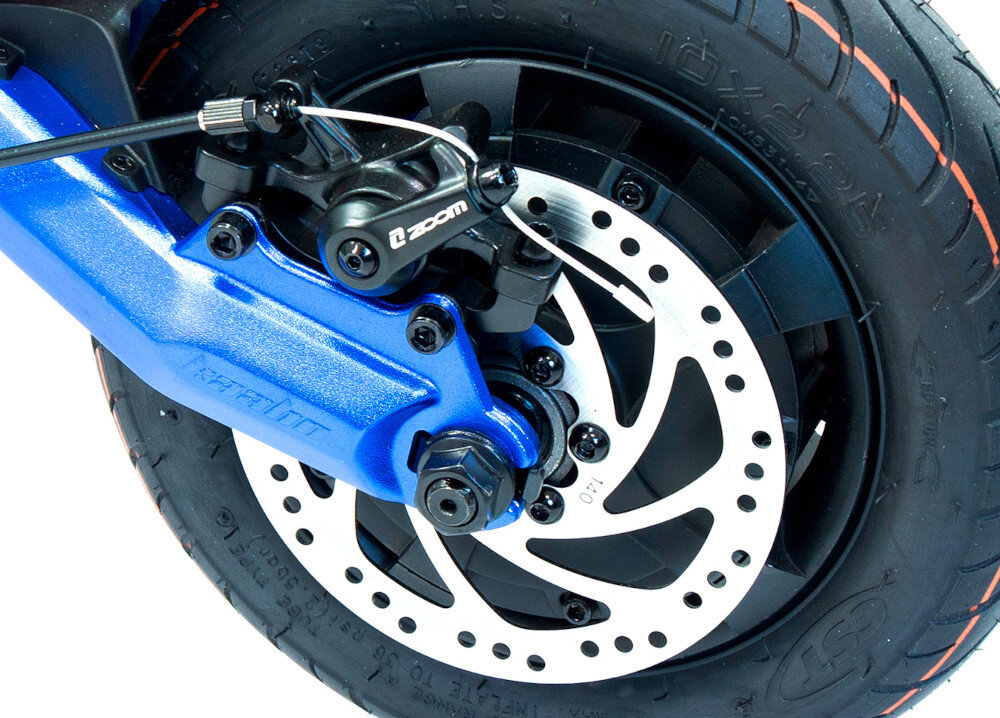 Hulajnoga elektryczna KAABO Mantis 10 Eco 800 Niebieski hamulce tarczowe duza sila hamowania system E-ABS zapobiega blokowaniu sie kol podczas hamowania bezpieczna jazda