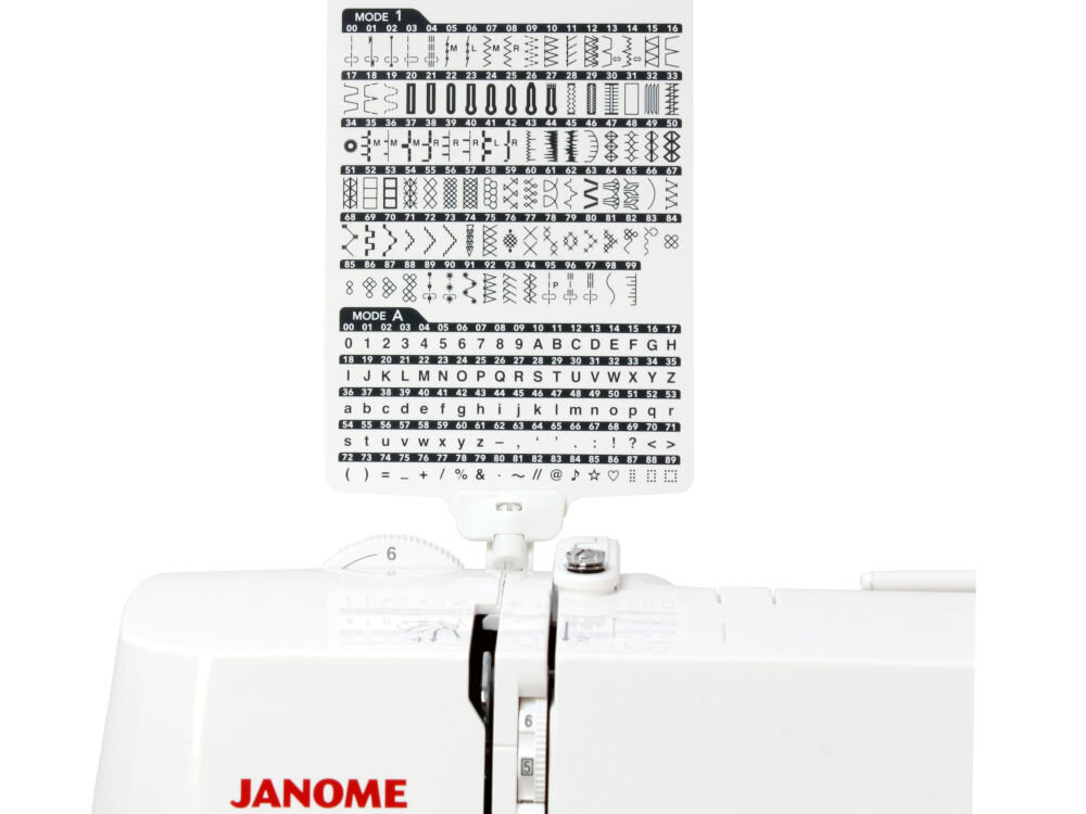 Maszyna do szycia JANOME DM7200 programy ściegowe ścieg prosty zygzak elastyczne kryte owerlokowe automatyczne obszywanie dziurki alfabet personalizacja strzałki ekran długość szerokość ściegu sugerowana stopka