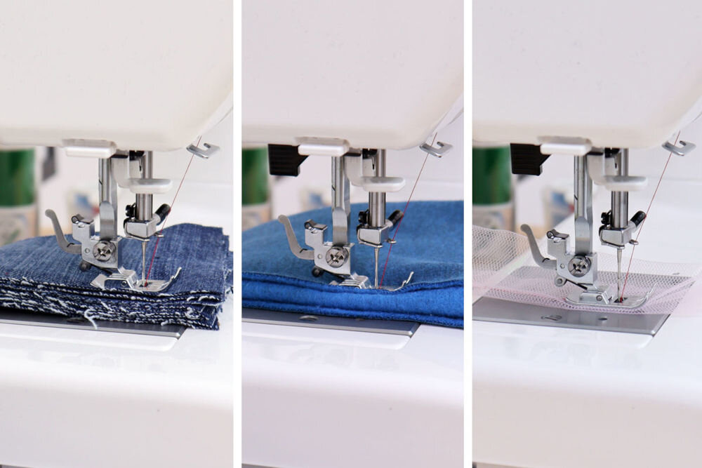 Maszyna do szycia JANOME HD523 trzy fotografie maszyna stopki igły jeans niebieski materiał tiulowy materiał szycie Ścieg prosty (stebnowy) na 8 warstwach jeansu grubej dzianinie dresowej 2 warstwach tiulu przeszycie bez najmniejszego problemu równe i estetyczne przeszycia z grubymi warstwami i delikatnym tiulem precyzyjne szycie do wymagających projektów krawieckich