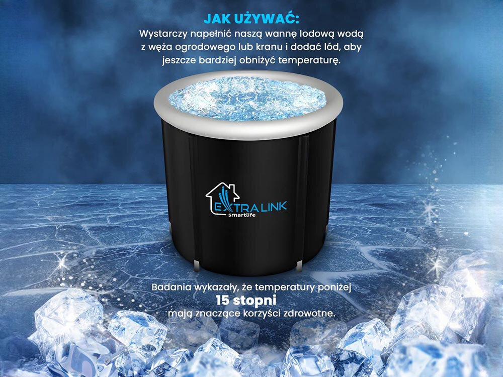 Wanna do morsowania EXTRALINK Ice Bath Therapy, Wanna do chłodnych wyzwań, Zdjęcie wanny w tle szronu i mrozu