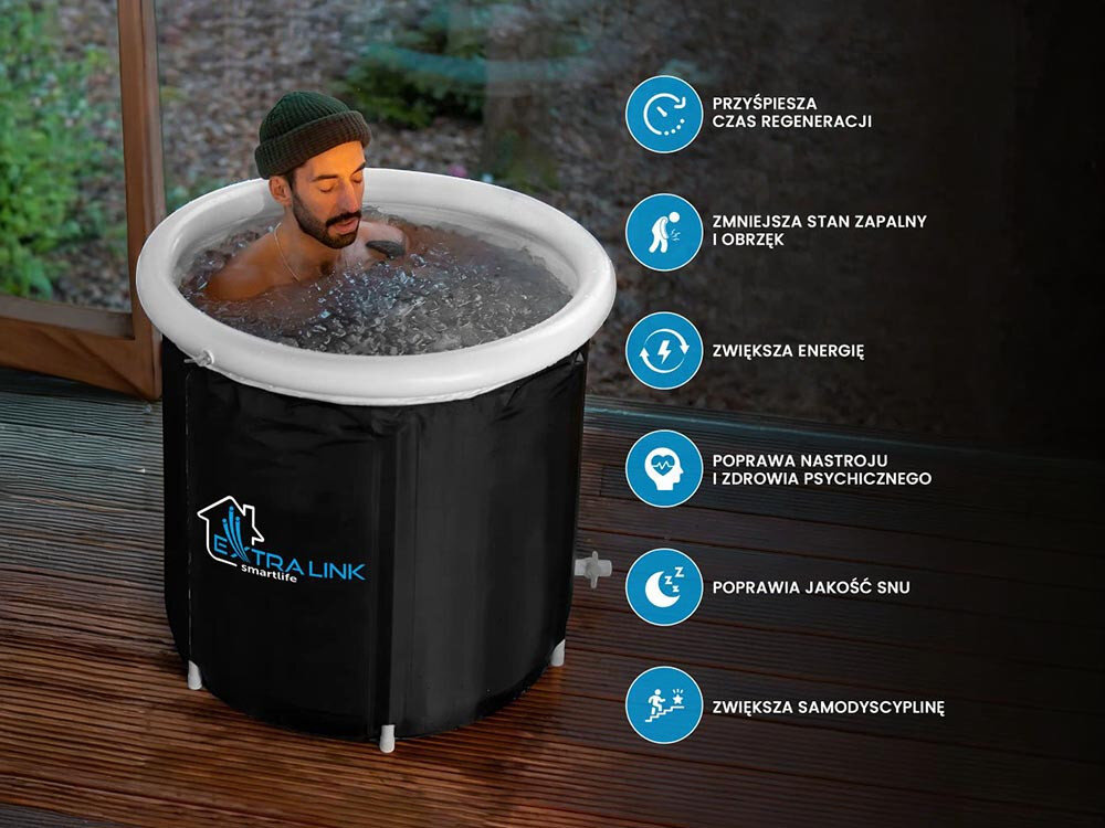 Wanna do morsowania EXTRALINK Ice Bath Therapy, Hartuj ciało i umysł zimnem, Mężczyzna w wannie, w tle wizualizacja procesów mózgu