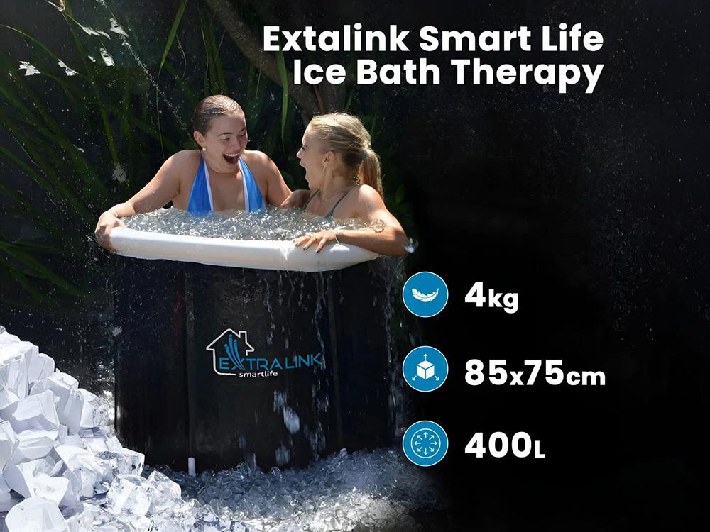 Wanna do morsowania EXTRALINK Ice Bath Therapy, Przenośność i łatwy montaż, 2 kobiety korzystają z wanny, obok na zdjęciu logotypy zalet: lekkość, transport, rozstawienie w trudnych miejscach