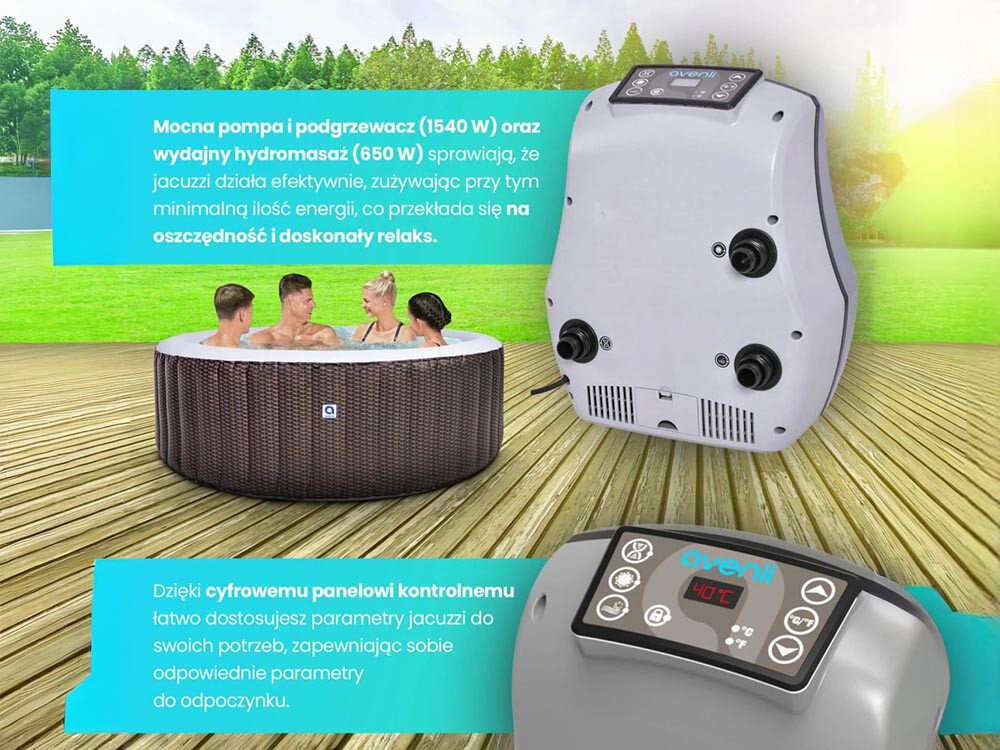 Jacuzzi AVENLI Extralink Home 175 x 70 cm cyfrowy panel kontrolny mocna pompa podgrzewacz moc 1540 W hydromasaz moc 650 W oszczednosc relaks do 40°C