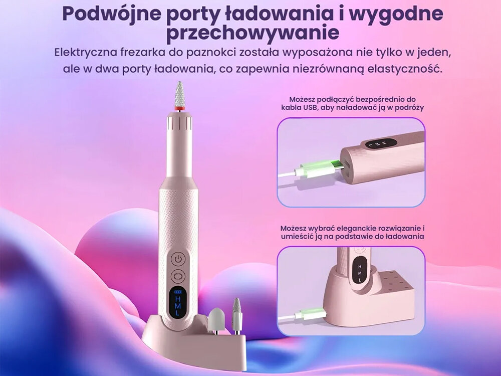 Frezarka do paznokci EXTRALINK 31993 dwa porty ładowania, eleganckie rozwiązanie, starannie wykonana podstawa, 8 otworów na frezy