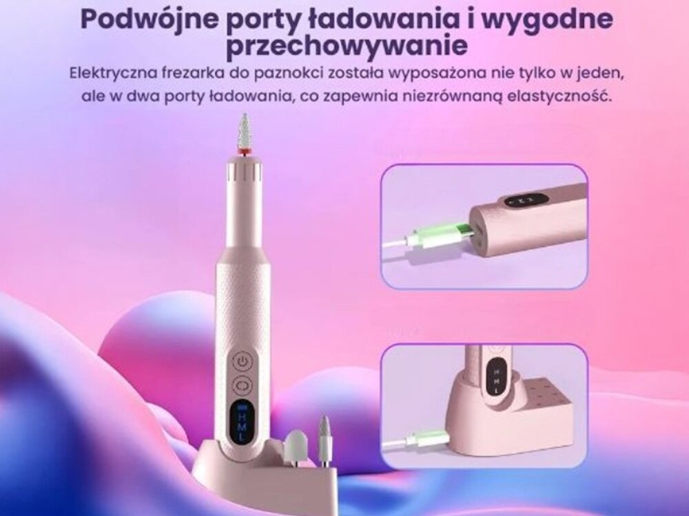 Frezarka do paznokci EXTRALINK 31993 dwa porty ładowania, eleganckie rozwiązanie, starannie wykonana podstawa, 8 otworów na frezy